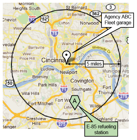 Figure 2 – An image of a road map with a circle around the Cincinnati, Ohio, area. Cincinnati is in the middle of the circle. It shows a pin in Cincinnati. There's a square next to it labeled 'Agency ABC fleet garage.' It shows another pin labeled 'A' near Latonia, Kentucky. Next to the pin there's a square labeled 'E85 refueling station.'