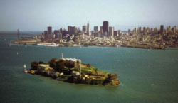 This photo shows Alcatraz Island and Alcatraz Prison with San Francisco in the background.