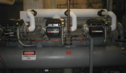 This photo shows a newly installed magnetic-bearing chiller compressor.