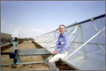 Photo of a man standing a long row of U-shaped solar mirrors.