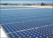 Photo of numerous roof-mounted PV arrays on a building in front of a suburban backdrop.