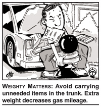Image of a car owner removing heavy items from the truck. The caption says: Weighty Matters&mdash;Avoid carrying unneeded items in the trunk. Extra weight decreases gas mileage.