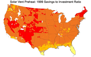 Example resource map showing the United States and shades of red to yellow for solar vent preheat savings to investment ratio (1999).