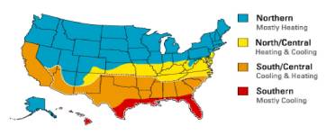 Map of United States divided into four climate zones:  Northern (mostly heating), North/Central (heating and cooling), South/Central (cooling and heating), and Southern (mostly cooling).