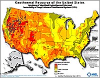 Map of the United States, with color bands indicating favorability of deep EGS and dots indicating identified hydrothermal sites.
