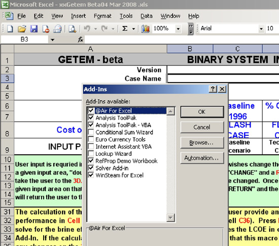 A screen shot of the GETEM Excel spreadsheet showing the window that results from the action of clicking on 'Tools' on the main EXCEL toolbar and then on 'Add-Ins' on the subsequent dropdown menu.