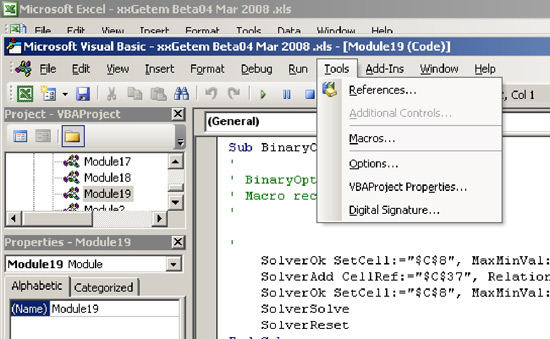 A screen shot of the GETEM Excel spreadsheet showing the Visual Basic editor.