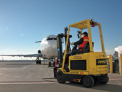 Photo of a Hydrogenics hydrogen-powered forklift in front of an airplane.