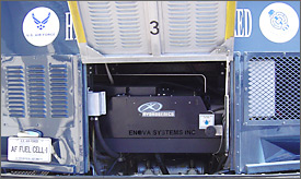 Photo of hybrid fuel cell system in back of bus.