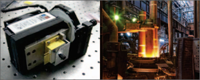 Image of Los Gatos Research's mid-infrared module (left) and image of an electric arc furnance
(right)