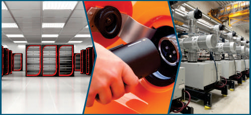 Collage of three images showing a network server room with black and red cased equipment on the left, an electric car model in the middle, and a row of electric motors (each a standalone vacuum pump stand) on the right.