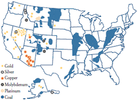 Image of United States map showing the distribution types of mining in 2008.