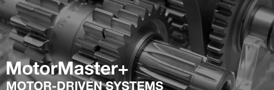 This photo shows the inner workings of an industrial electric motor with gears. In the lower left hand corner are the words "MotorMaster+" and underneath are the words "Motor-Driven Systems."