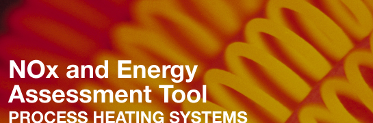 This photo shows a close-up of a coil that appears to be red hot. In the lower left hand corner are the words "NOx and Energy Assessment Tool" and underneath are the words "Process Heating Systems."
