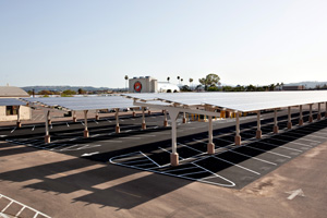 Photo of an array of solar panels mounted to poles in a parking lot.