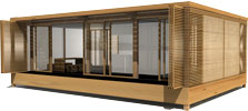 Illustration of the winning home at the 2007 Solar Decathlon.  The building's East-, South-, and West facades are covered with louvers integrated with amorphous silicon photovoltaic cells, creating an extra area for PV.