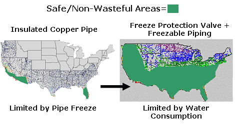 Picture of two maps of the United States. The left image shows the areas that have zero probability of freezing, indicating the West, Soutwest, and Southeast of the country.  The image on the right shows the areas that are limited by water consumption, indicating in green that the West, the Southwest, and the Southeast of the country.