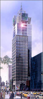 Photo of a 48-story New York City skyscraper, 4 Times Square, that was designed in the 1990s-and features a photovoltaic skin that includes thin-film PV panels.
