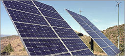 Photo of a the PV panels that are part of a hybrid PV-wind system.
