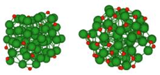 Illustration of two molecular models of aluminum nanoclusters that show larger green atoms and smaller red atoms in various crystal configurations.