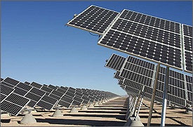 Photo of two rows of tilted single-axis solar trackers, which are mounted on the ground. Each row includes dozens of trackers.