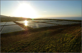 Aerial photo of the 1.2-megawatt photovoltaic system on the Hawaiian island of Lanai. Pictured is the sun glinting off of a portion of the total 12 photovoltaic arrays that have more than 7,000 panels. 