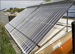 Photo of evacuated tube solar water heating collector.