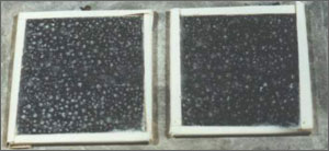 Photo of two side-by-side dark-gray rectangular samples that have a rough texture after being artificially dusted. They are ready to undergo further accelerated testing in the laboratory.