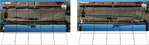 Two side-by-side photos, each showing the reflection of a trough receiver in the trough mirrors. In the left photo, the reflection is not a straight line. The right photo shows how using the TOPS technique has helped to straighten the receiver reflection.