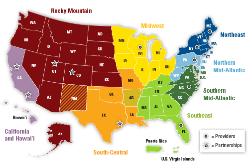 Map of the Solar Instructor Training Network. The eight regions and their respective states are the Northeast (Connecticut, Maine, Massachusetts, New Hampshire, New York, Rhode Island, Vermont), Northern Mid-Atlantic (Delaware, New Jersey, Pennsylvania, West Virginia), Southern Mid-Atlantic (District of Columbia, Maryland, North Carolina, South Carolina, Virginia), Southeast (Alabama, Arkansas, Florida, Georgia, Kentucky, Mississippi, Tennessee, Puerto Rico, U.S. Virgin Islands), Midwest (Illinois, Indiana, Iowa, Michigan, Minnesota, Ohio, Wisconsin), South Central (Arkansas, Louisiana, Missouri, New Mexico, Oklahoma, Texas), Rocky Mountain (Arkansas, Arizona, Colorado, Idaho, Kansas, Montana, Nebraska, New Mexico, Nevada, North Dakota, South Dakota, Oregon, Utah, Washington, Wyoming), and California/Hawaii (California, Hawaii). 