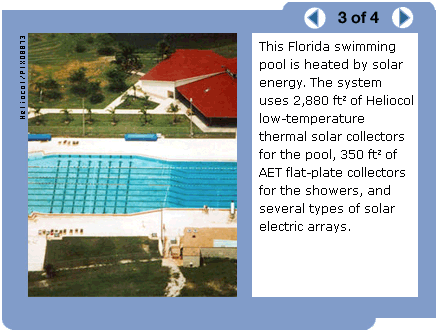 Photo of an aerial view of an outdoor swimming pool and the roof of the swimming-pool center. (Caption: This Florida swimming pool is heated by solar energy.  The system uses 2,880 ft2 of Heliocol low-temperature thermal solar collectors for the pool, 350 ft2 of AET flat-plate collectors for the showers, and several types of photovoltaic arrays.)