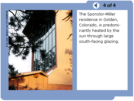 Photo shows a yellow home with solar panels; the ground is covered with snow. (Caption: The Sponslor-Miller residence in Golden, Colorado, is predominantly heated by the sun through large south-facing glazing.)