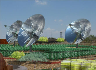 Illustration of a field of dish solar concentrator systems proposed for the Riverpoint Solar Research Park in Phoenix, Arizona. 