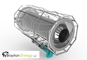 Illustration of horizontal, metallic cylinder that is encased in a metal frame.