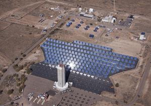 Photo of the solar tower and heliostat field at the National Solar Thermal Test Facility taken from above.