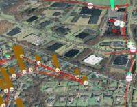 Image of a Google Map overlay showing residential (brown), commercial (green), and industrial (red) circuit load type and density