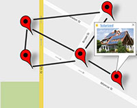 Graphic of a map with pinpoints and a photo of a house with solar panels on the roof.