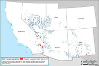 Map showing California, Nevada, Utah, Colorado, Arizona, and New Mexico with proposed variance areas in blue and areas proposed for exclusion shown in red.