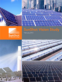 Composite image of 3 photographs of solar technologies, showing a lit tower, rows of silver troughs, and rows of PV panels.