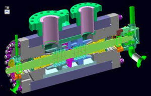 Illustration of the internal view of a turbine with tubes, wires, and parts that are different colors.