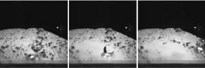 Series of black and white photos from a microscope showing water droplets falling on a flat, dust-covered surface.