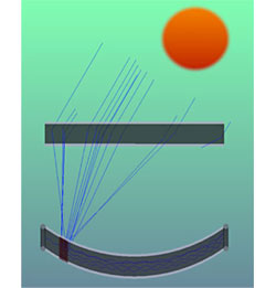 Graphic of an orange circle in the top right with blue lines below it.