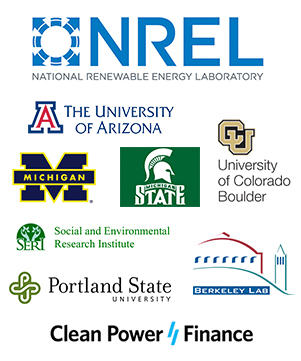 Logos of the National Renewable Energy Laboratory, the University of Arizona, the University of Michigan, the University of Colorado Boulder, Michigan State University, the Social Environmental Research Institute, Lawrence Berkeley National Laboratory, Portland State University, and Clean Power Finance.