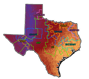 A graphic that shows the Texas Solar Market Transformation territories.