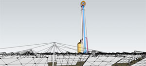 Photo of a tower in the background with slanted panels connected by a wire in the foreground.