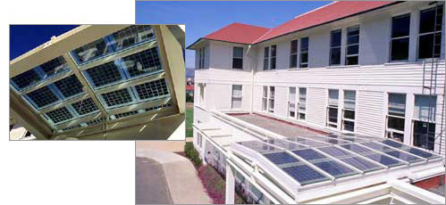 Photo of the Presidio Thoreau Center atrium from above and below.