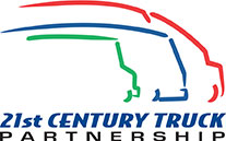 Logo for 21st Century Truck Partnership. Partial outline of three various size medium to heavy-duty trucks followed by the words, 21st Century Truck Partnership.