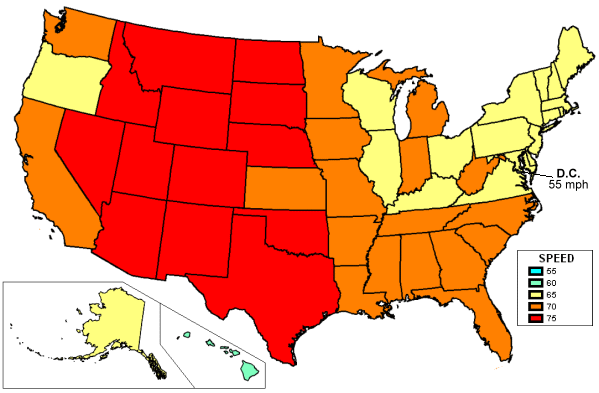Map of United States showing maximum interstate speed limits for each state; see table below for details