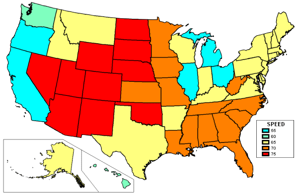 Map of United States showing maximum interstate speed limits for trucks in each state; see details in table below