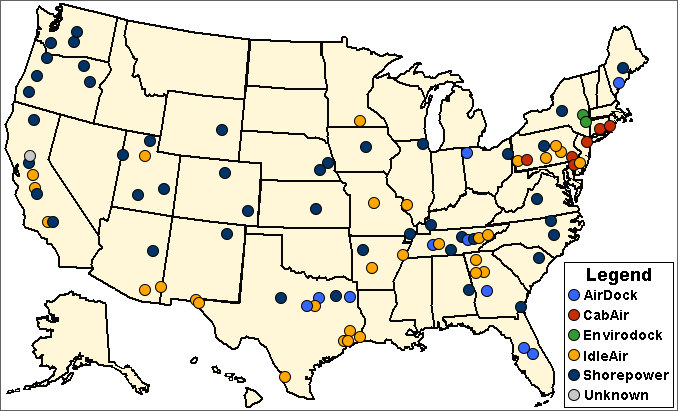 Map of the United States showing truck stop electrification sites in 2012. See table below for more detailed information.